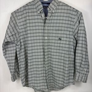 Nautica Men's Long Sleeve Button Up Dark Green‎ Plaid Shirt Size L 100% Cotton